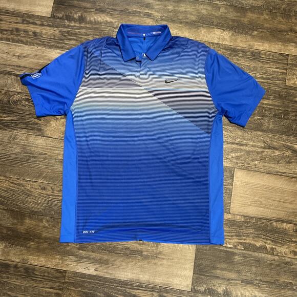 Tiger Woods X Nike Blue Striped Polo Shirt Golf Large Vented Collar Dri-Fit PGA - Picture 1 of 7